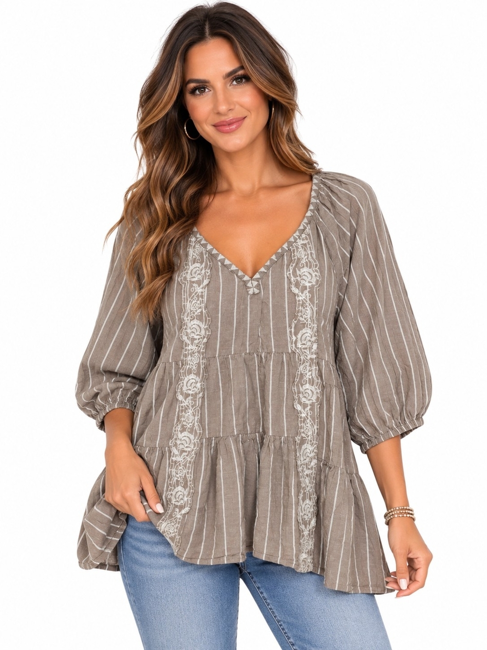 Melissa Paige Taupe & White Striped V-Neck Peasant Tunic